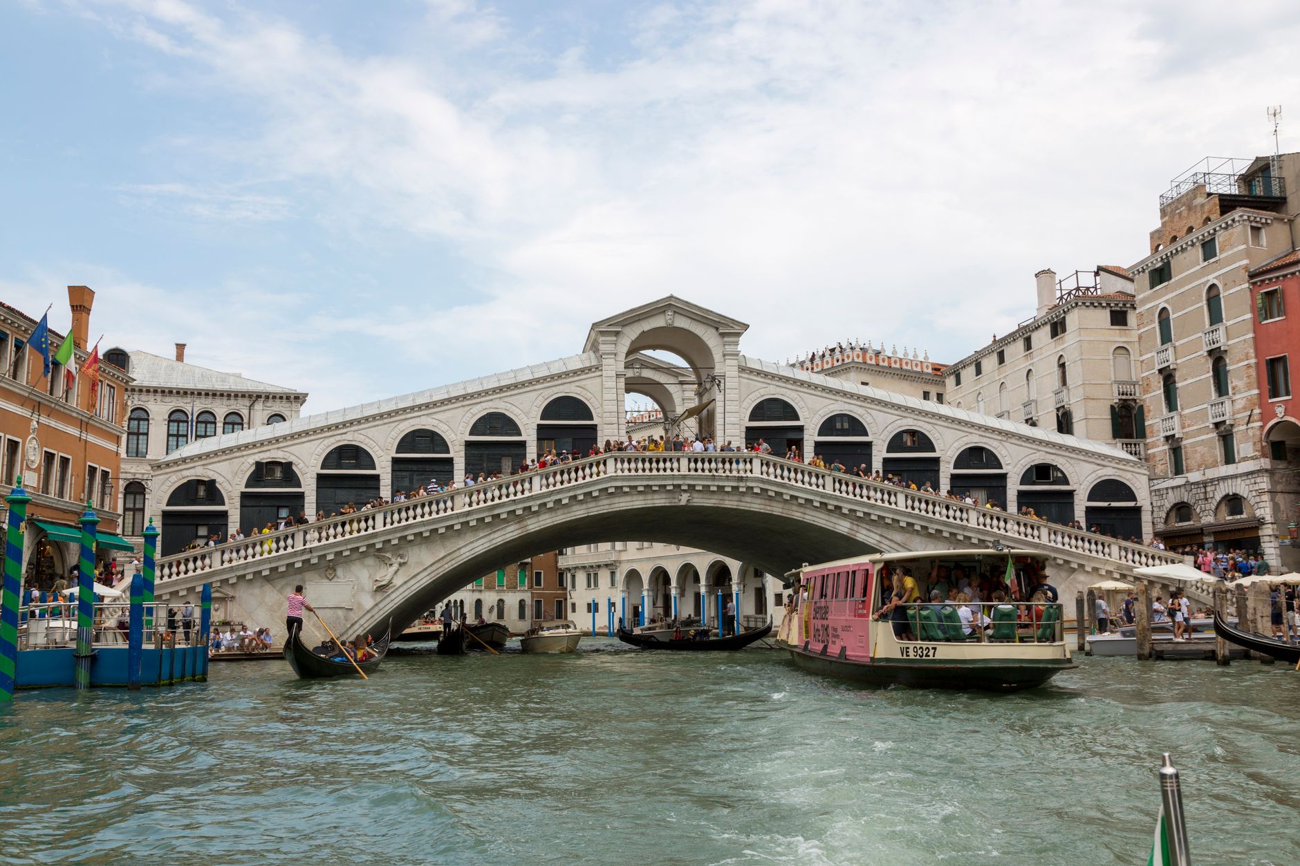 Rialto Bridge spanning the Grand Canal in Venice, Italy on a sunny day