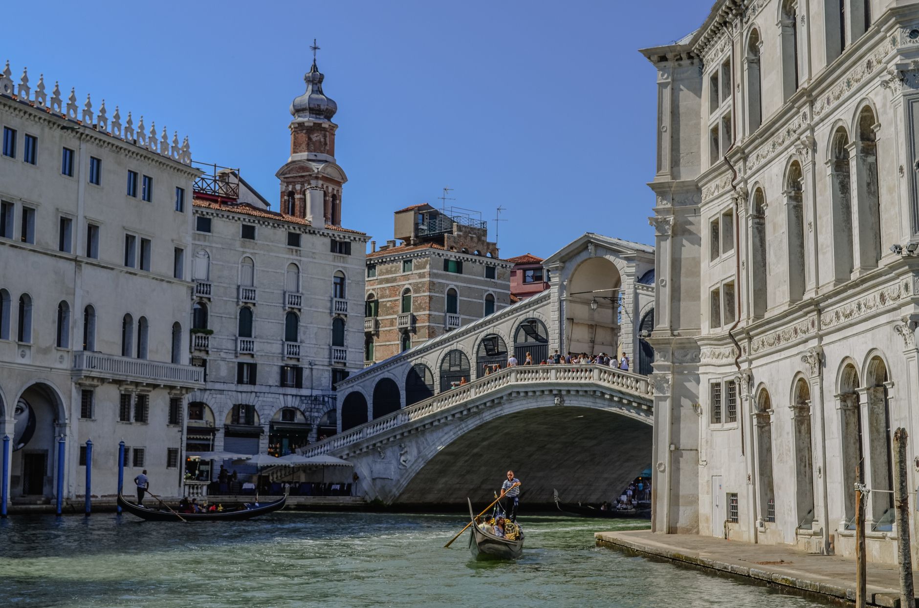 Gondolas near Rialto Bridge in Venice, Italy