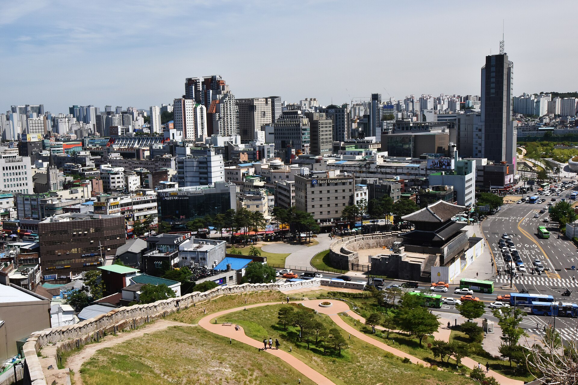 The Seoul City Wall running along the ridge above the rooftops of the city