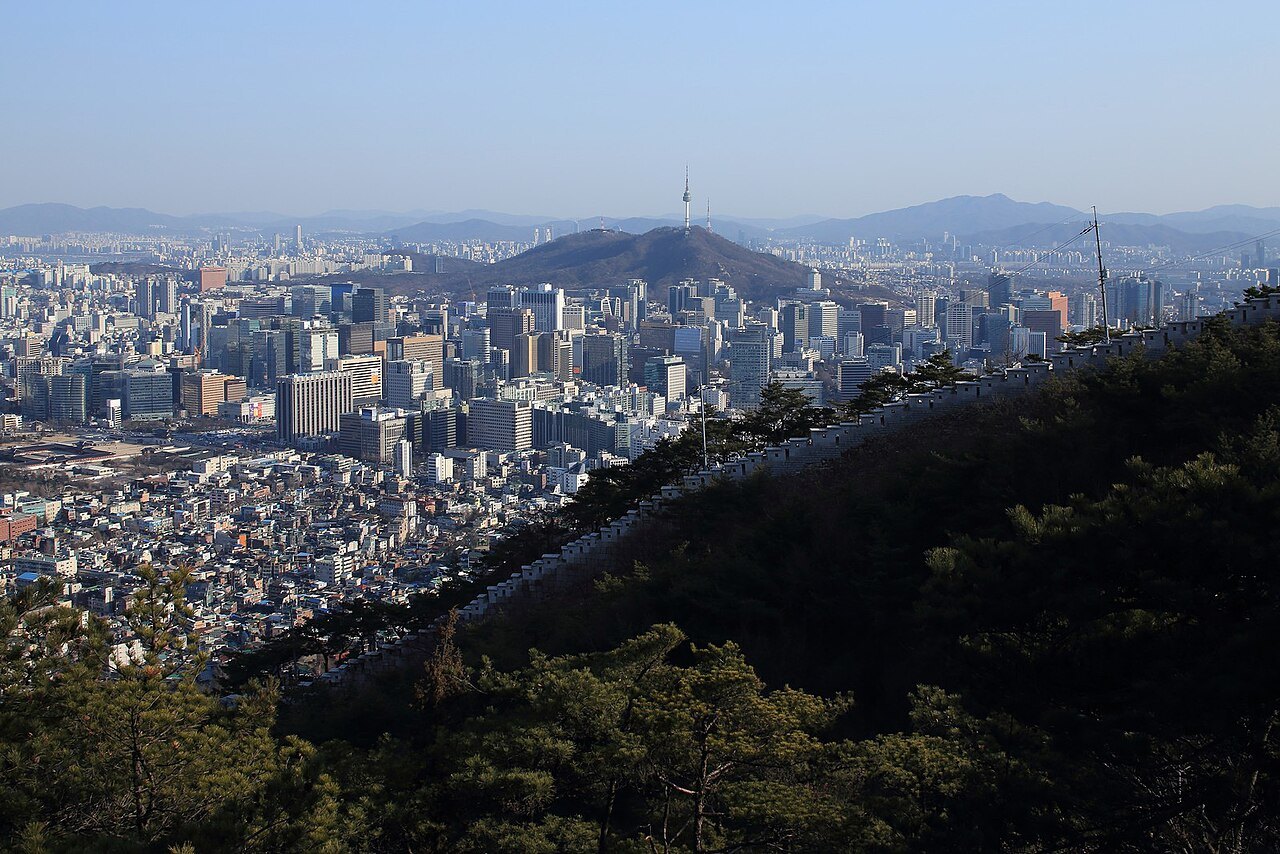 Central Seoul and the hills seen from the wall path on Namsan