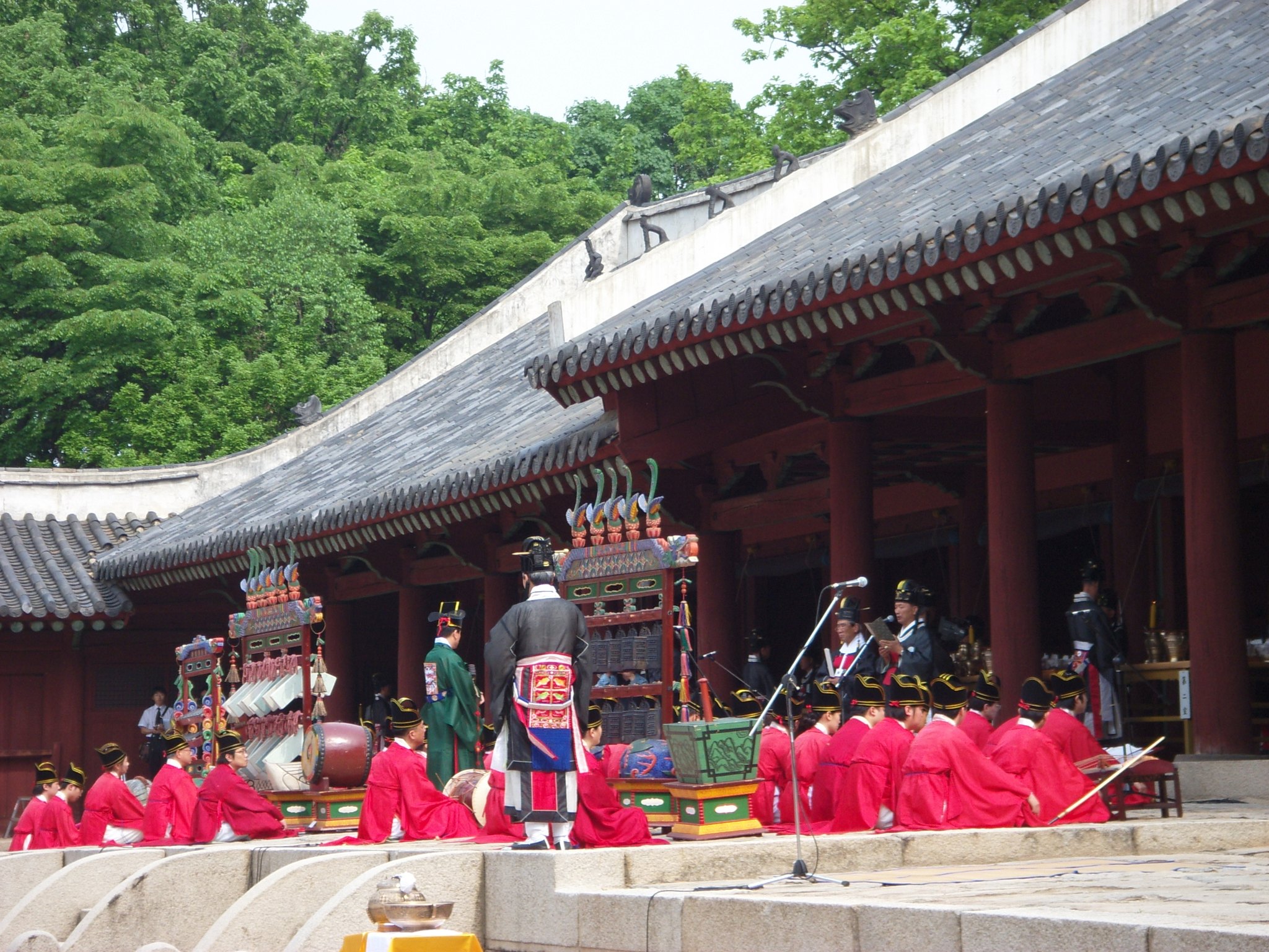 The royal ancestral rite in progress on the terrace in front of the Jongmyo shrine